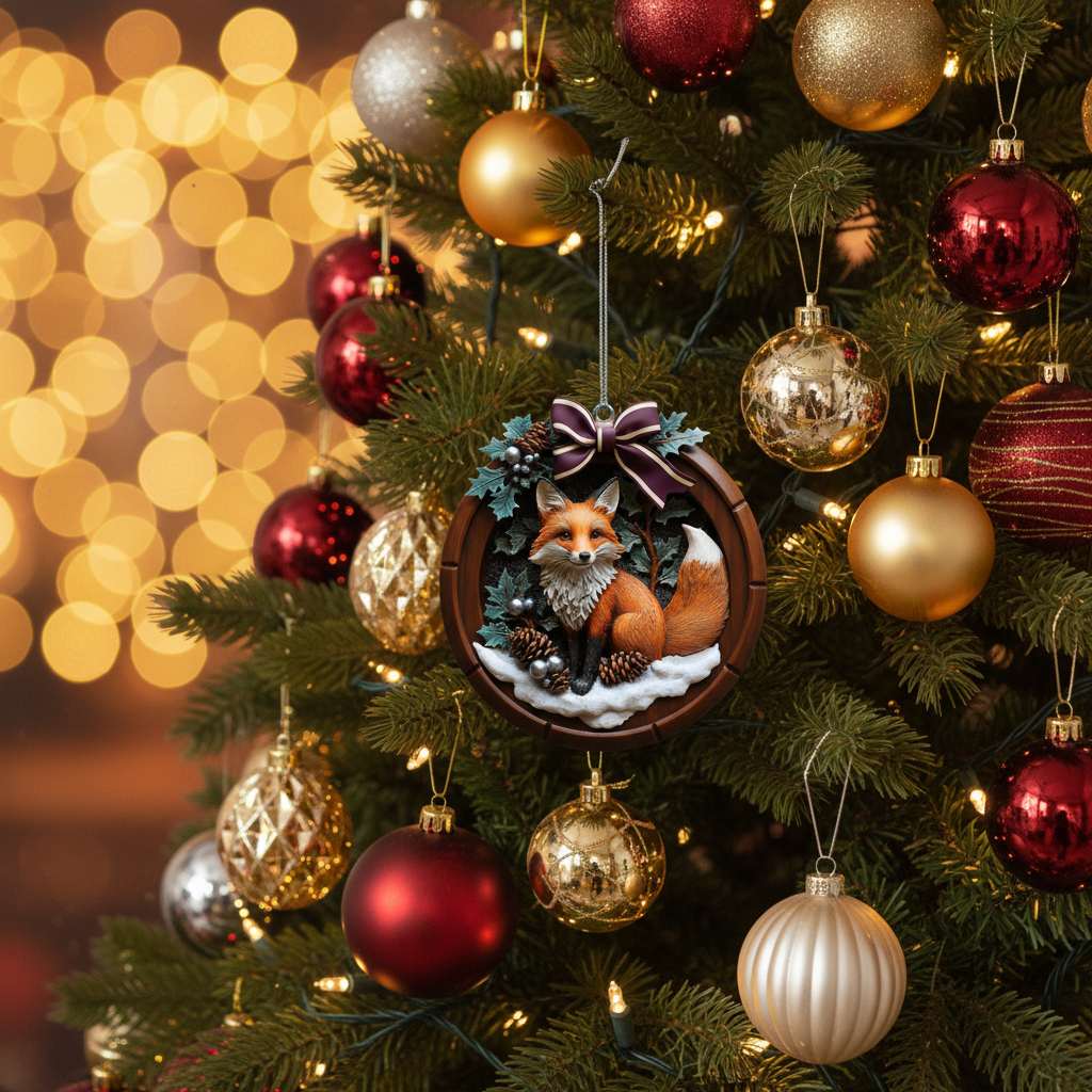 [2D FLAT ACRYLIC] Woodland Fox Christmas Ornament – Rustic or Acrylic Holiday Decor