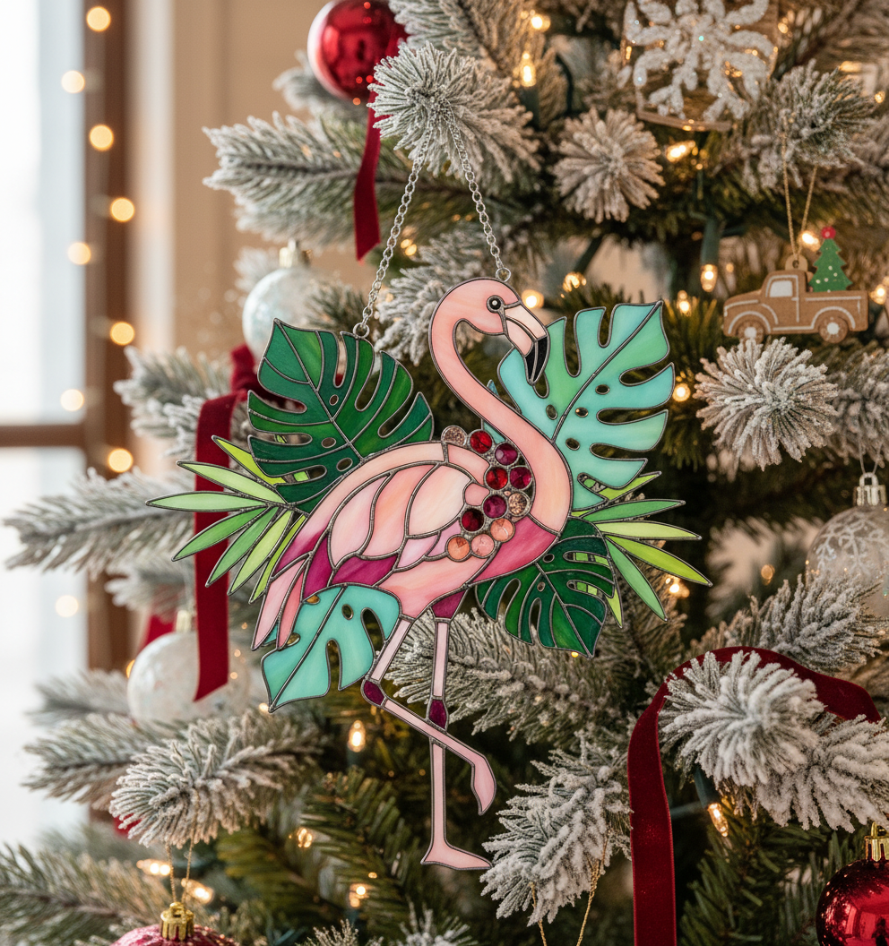 [2D FLAT ACRYLIC] Whimsical Flamingo Suncatcher Ornament – Tropical Christmas Decor Gift