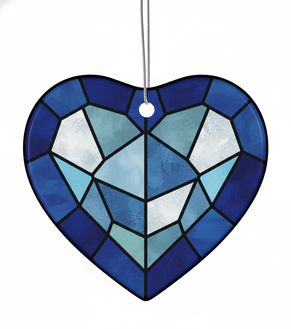 [2D FLAT ACRYLIC] Blue Heart Ceramic Ornament with Faux Stained Glass Style – Holiday Decor Gift