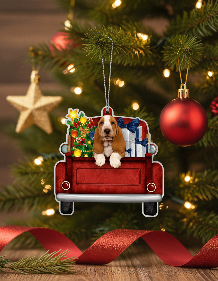 [2D FLAT ACRYLIC] Basset Hound Red Truck Christmas Ornament 2024 | Gift for Dog Lovers