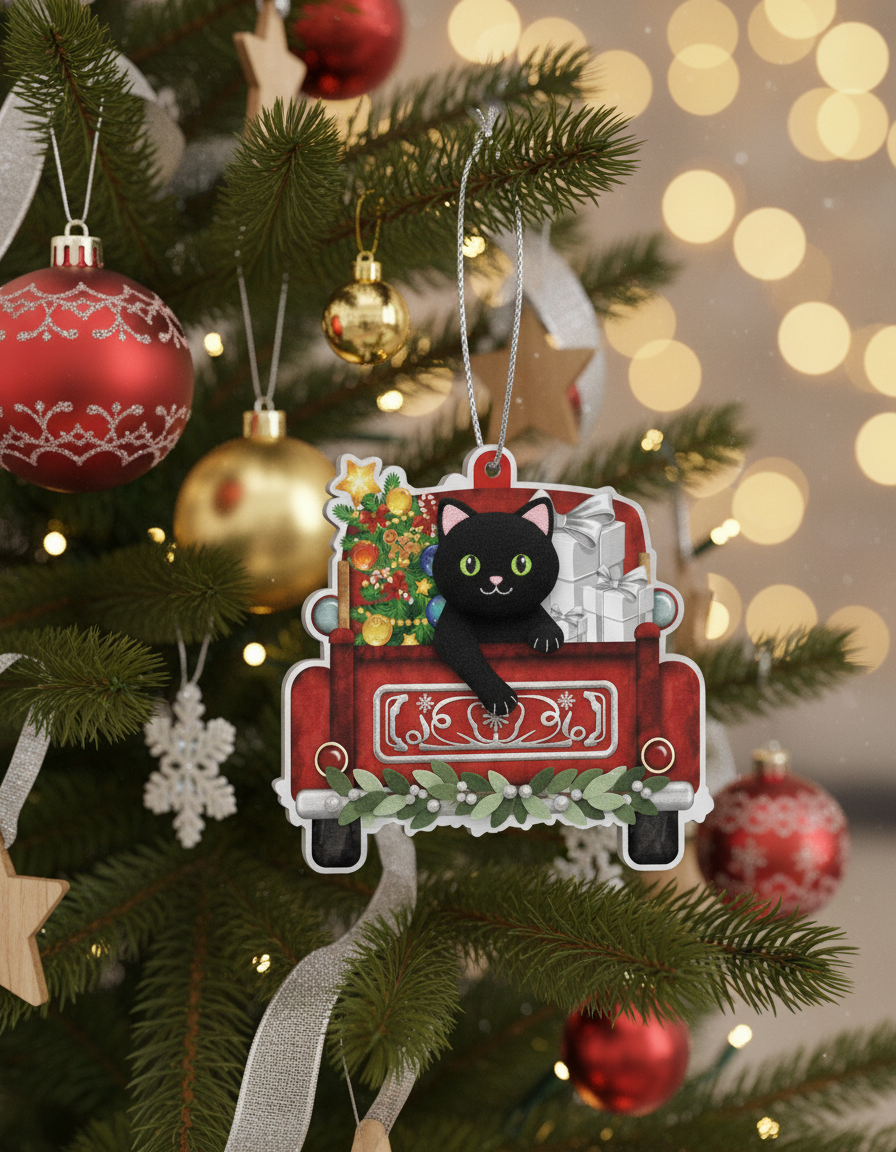 [2D FLAT ACRYLIC] Black Cat Christmas Ornament | Aluminum Holiday Decor Gift for Cat Lovers