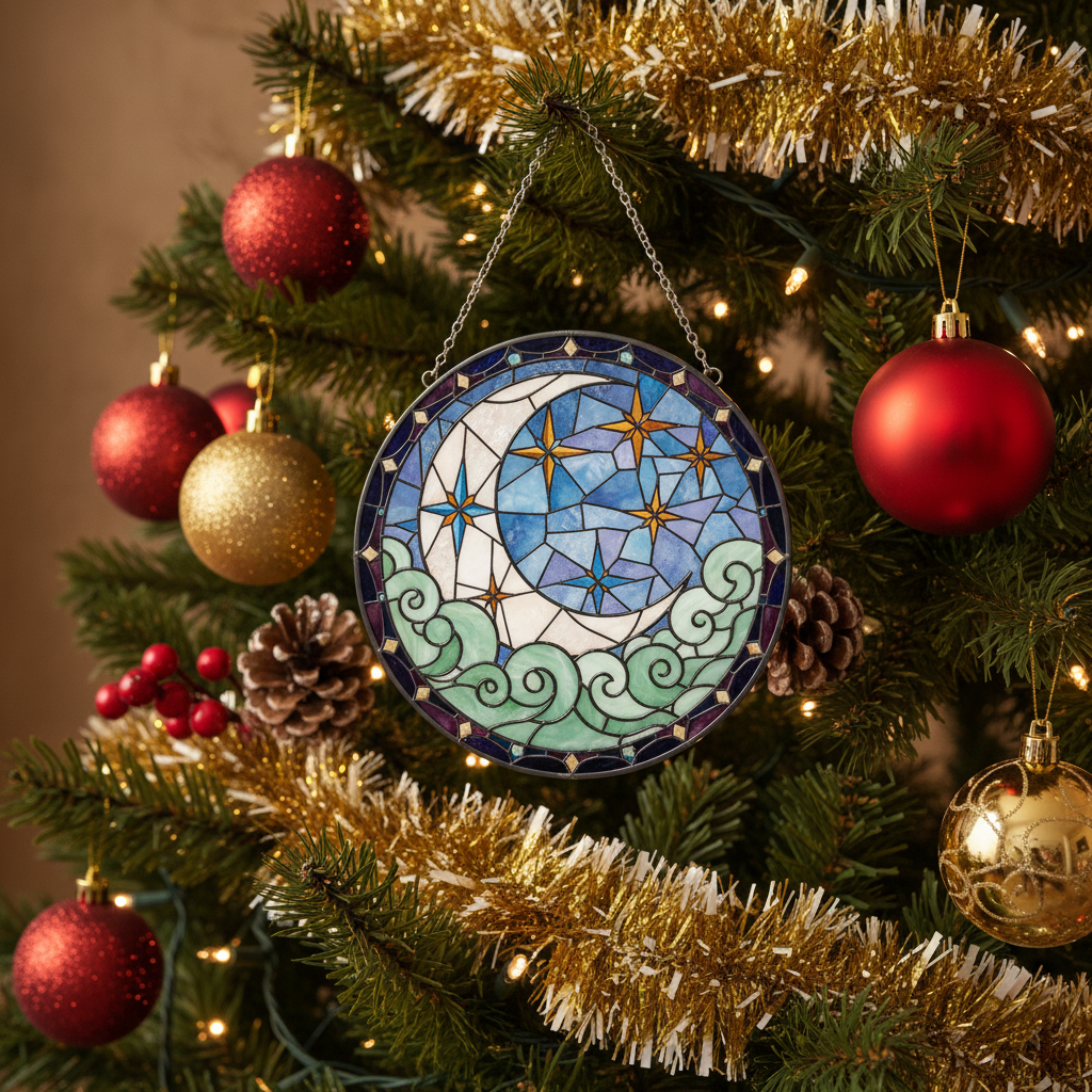 [2D FLAT ACRYLIC] Celestial Moon and Star Suncatcher – Handmade Stained Glass Window Decor