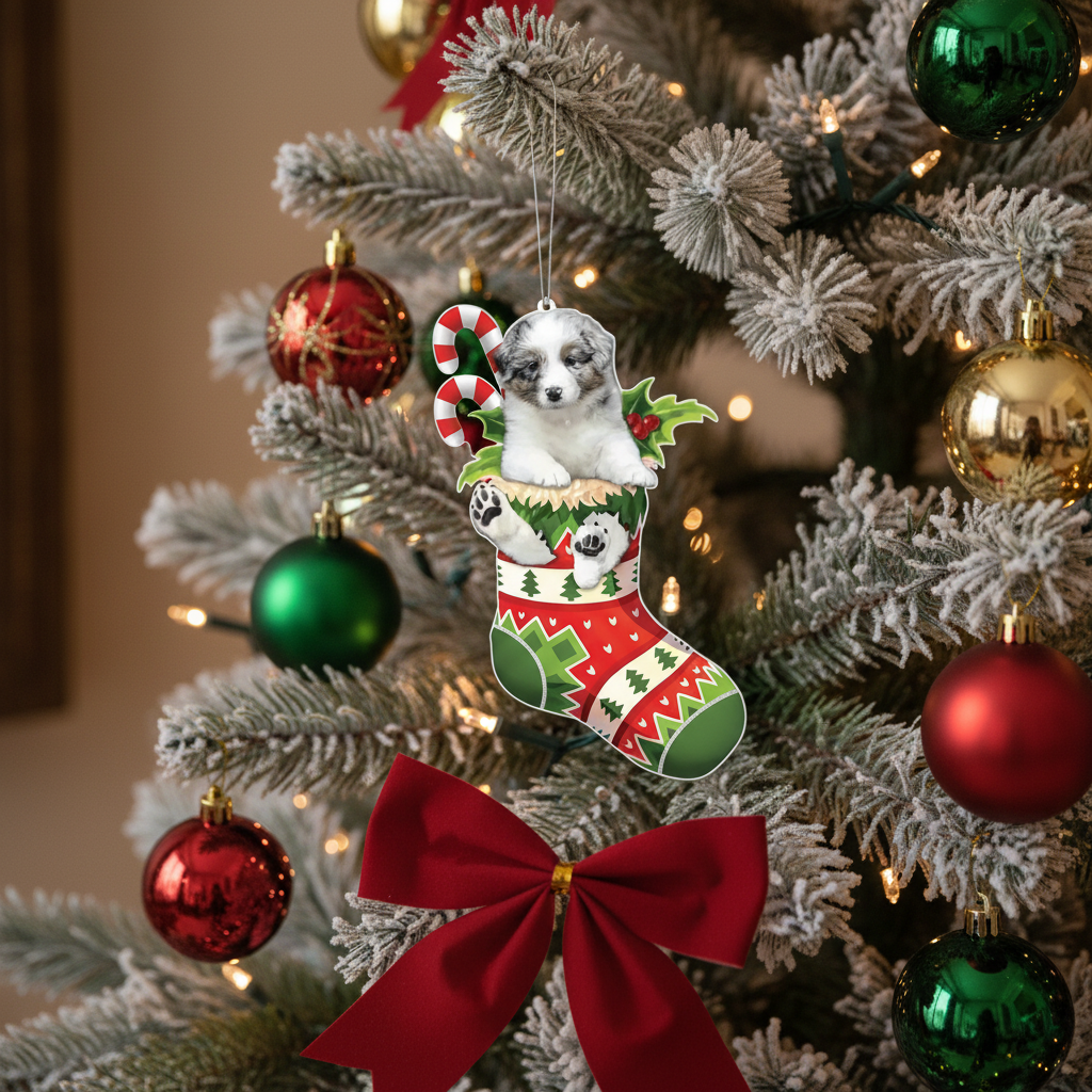 [2D FLAT ACRYLIC] Australian Shepherd Christmas Ornament | Festive Aussie in Stocking Holiday Decor & Dog Lover Gift