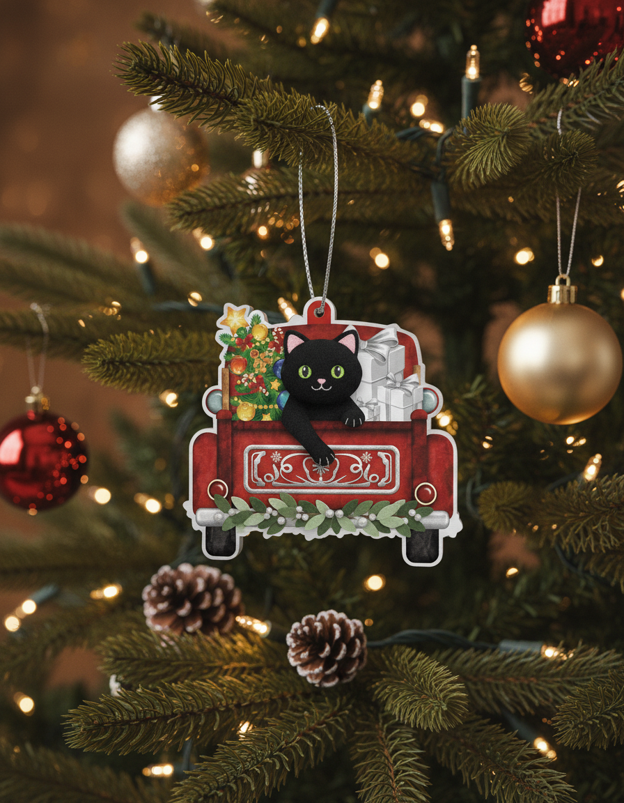 [2D FLAT ACRYLIC] Black Cat Christmas Ornament | Aluminum Holiday Decor Gift for Cat Lovers