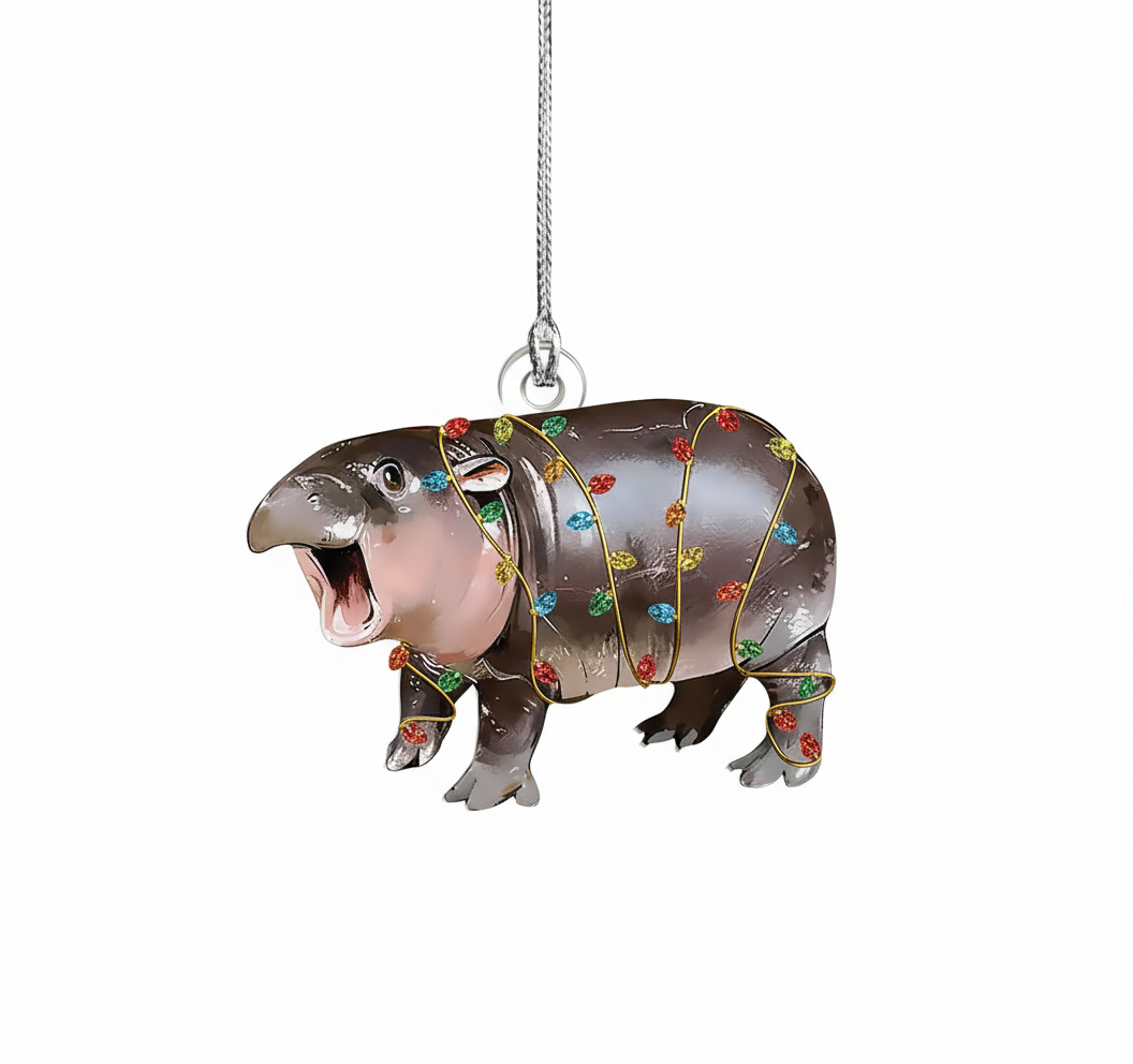 [2D FLAT ACRYLIC] Moo Deng Hippo Meme Christmas Ornament – Funny Acrylic Holiday Decoration