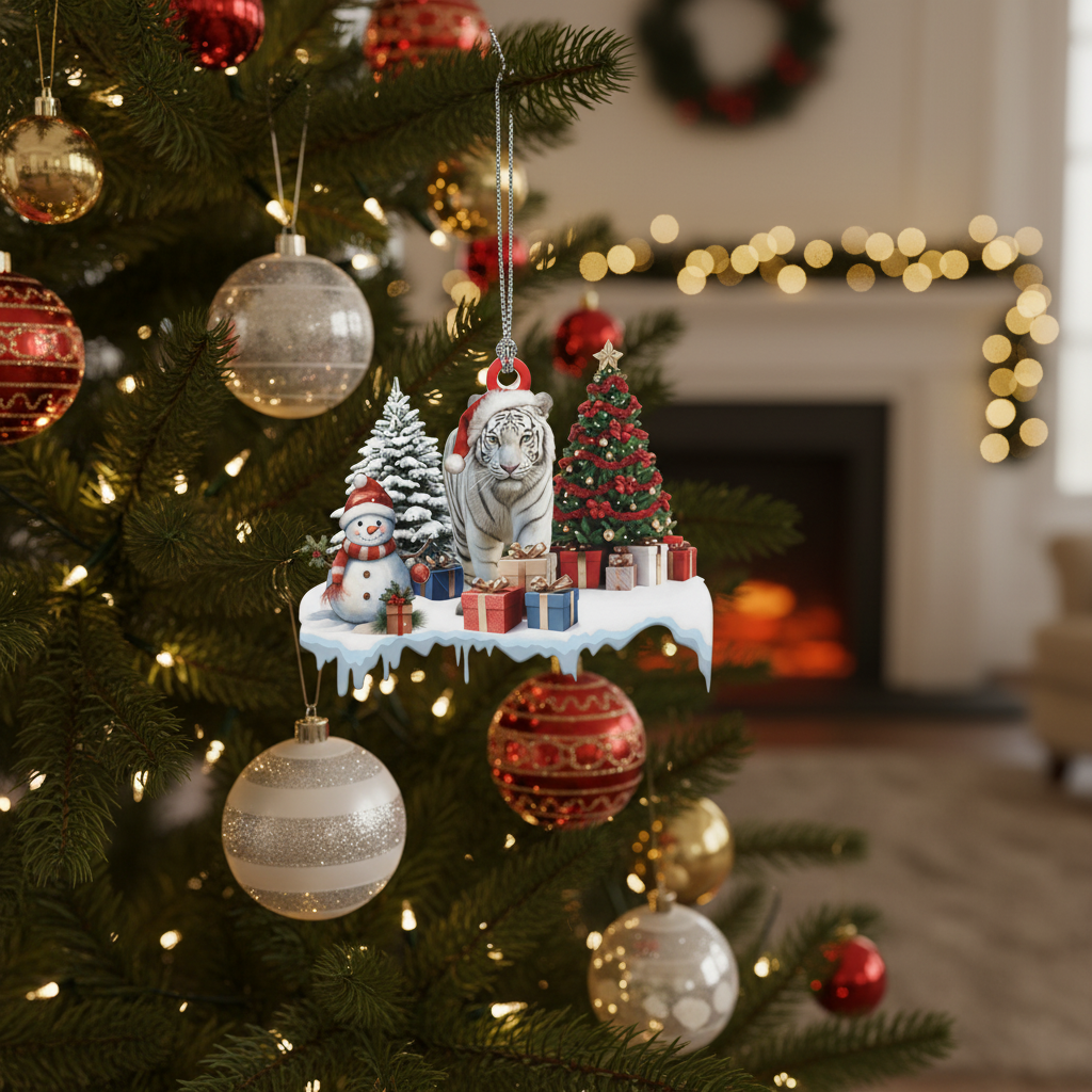 [2D FLAT ACRYLIC] Majestic White Tiger Christmas Ornament – Festive Wildlife Decor Gift