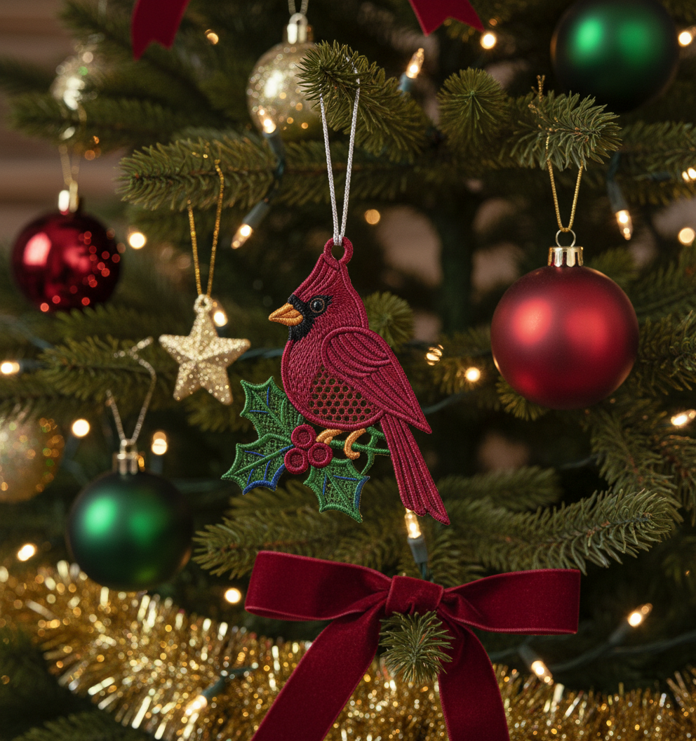 [2D FLAT ACRYLIC] Red Cardinal FSL Embroidery Design – Winter Bird Christmas Ornament for 5x7 Hoop