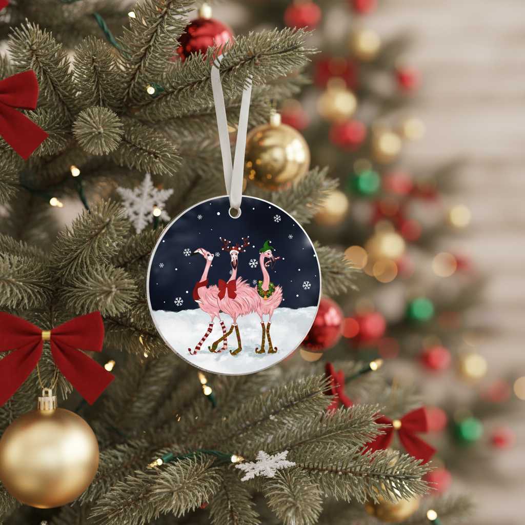 [2D FLAT ACRYLIC] Charming Flamingo Christmas Ornament | Acrylic Holiday Decor & Unique Animal Lover Gift