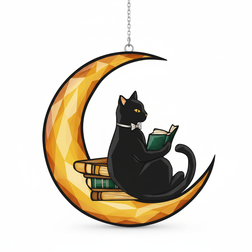 [2D FLAT ACRYLIC] Cat Reading on Moon Suncatcher – Acrylic Window Hanging for Book Lovers