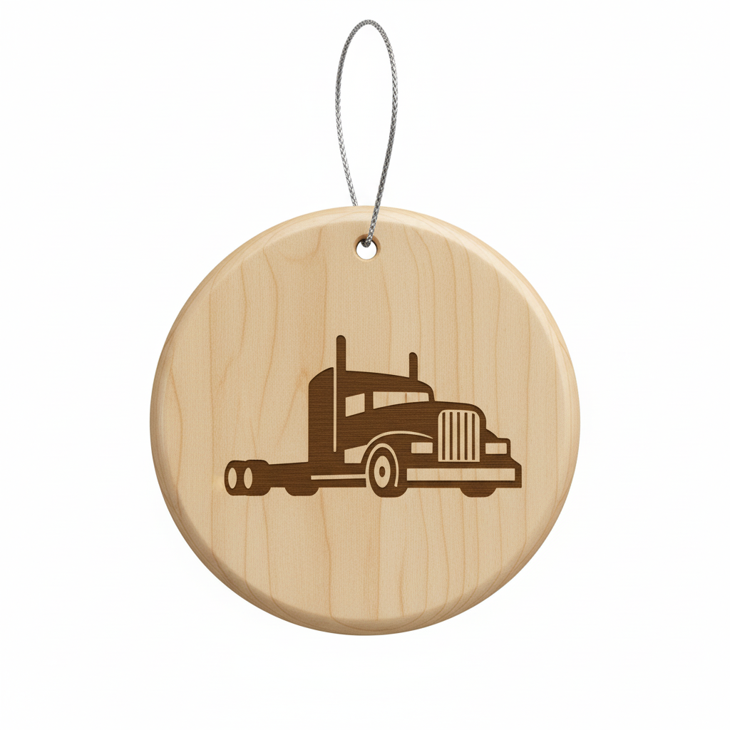 [2D FLAT ACRYLIC] Engraved Wooden Trucker Ornament | Rustic Semi Truck Holiday Decor & Christmas Gift