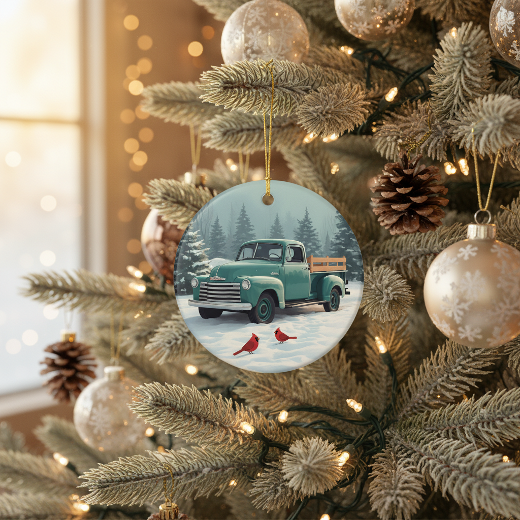 [2D FLAT ACRYLIC] Personalized Family Name Christmas Truck Ornament | Vintage Holiday Decor Keepsake