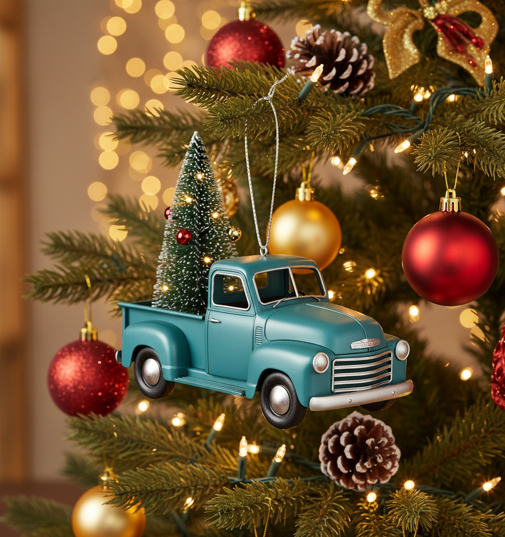 [2D FLAT ACRYLIC] Vintage Teal metallic Truck Christmas Ornaments (3-Pack) | Farmhouse Holiday Decor