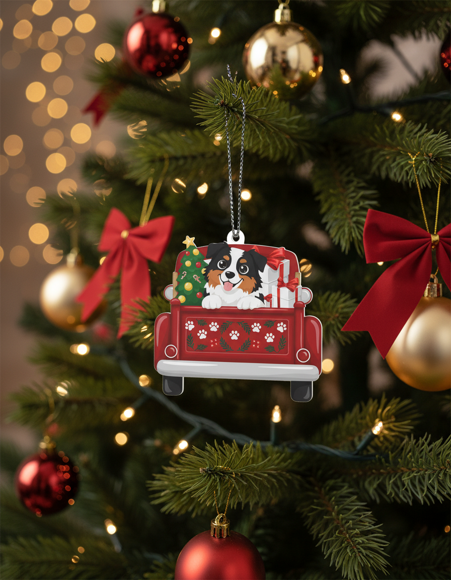 [2D FLAT ACRYLIC] Australian Shepherd Red Car Christmas Ornament 2024 | Keepsake Gift for Dog Lovers