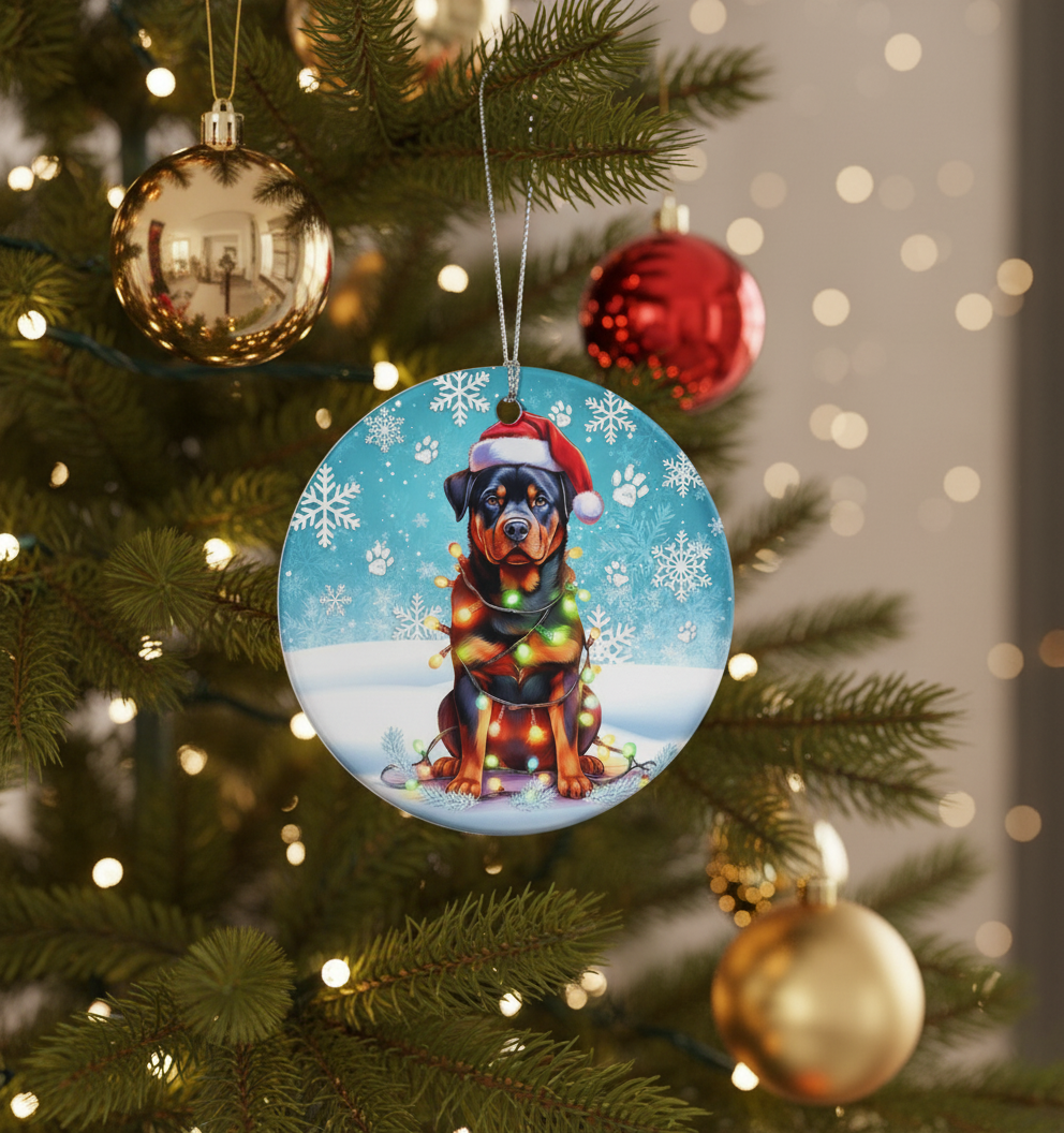 [2D FLAT ACRYLIC] Charming Rottweiler Christmas Ornament | Ceramic Holiday Decor & Dog Lover Gift