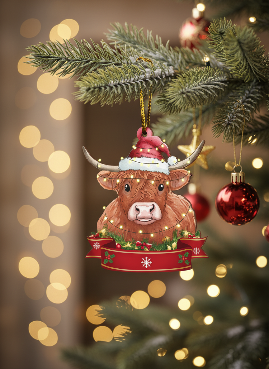 [2D FLAT ACRYLIC] American Highland Cow Ornament – Christmas Tree & Car Decor Gift