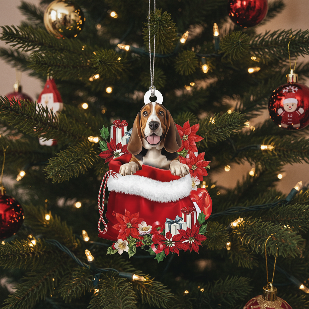 [2D FLAT ACRYLIC] Basset Hound Christmas Ornament – Festive Dog Lover Keepsake Gift