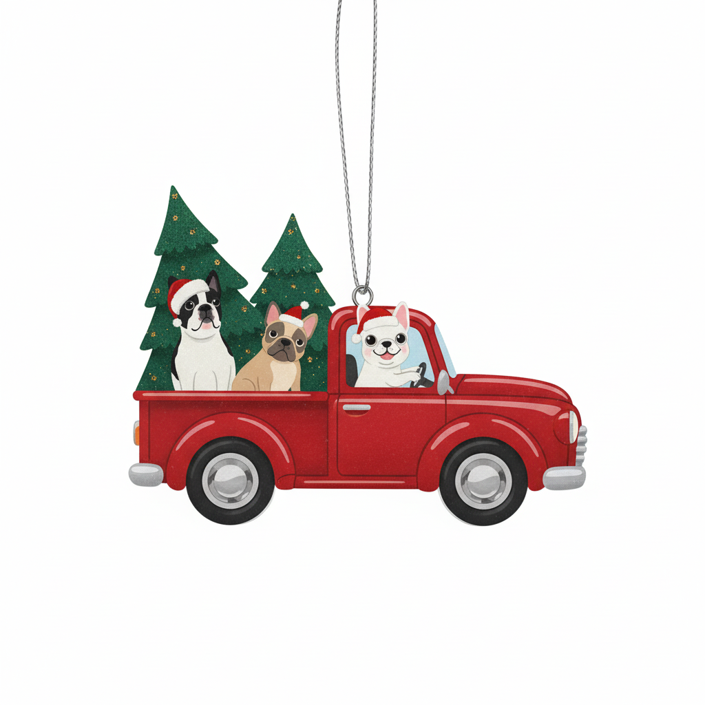 [2D FLAT ACRYLIC] Christmas Dog Truck Ornament | 2D Flat Acrylic Ornament | Red Pickup with Bulldogs | Funny Holiday Tree Decoration 2025 | Cute Pet Gift
