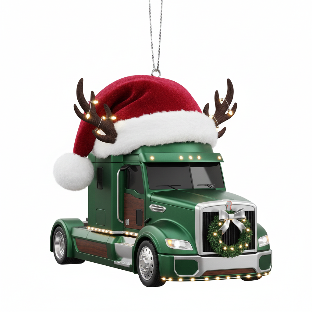 [2D FLAT ACRYLIC] Personalized Truck with Santa Hat Ornament | Christmas Gift for a Truck Driver