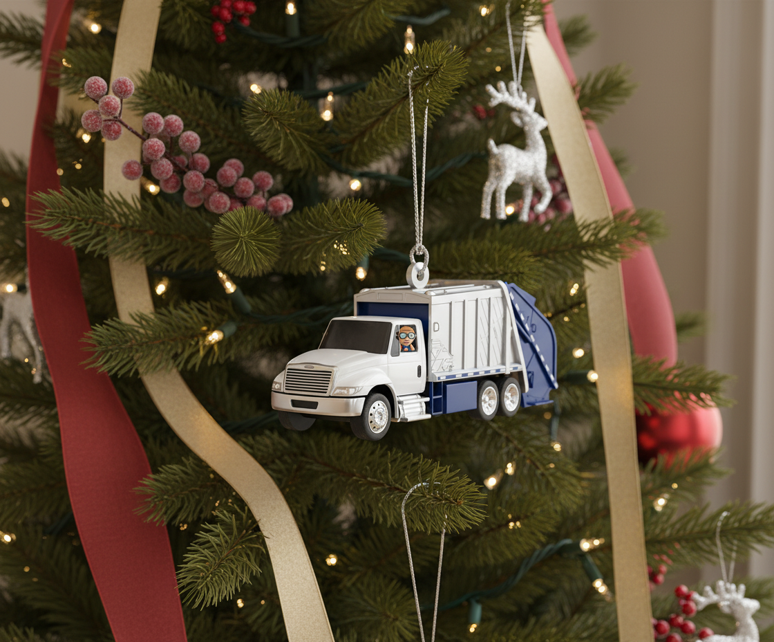 White and blue garbage truck ornament hanging on a decorated Christmas tree with ribbons and lights.