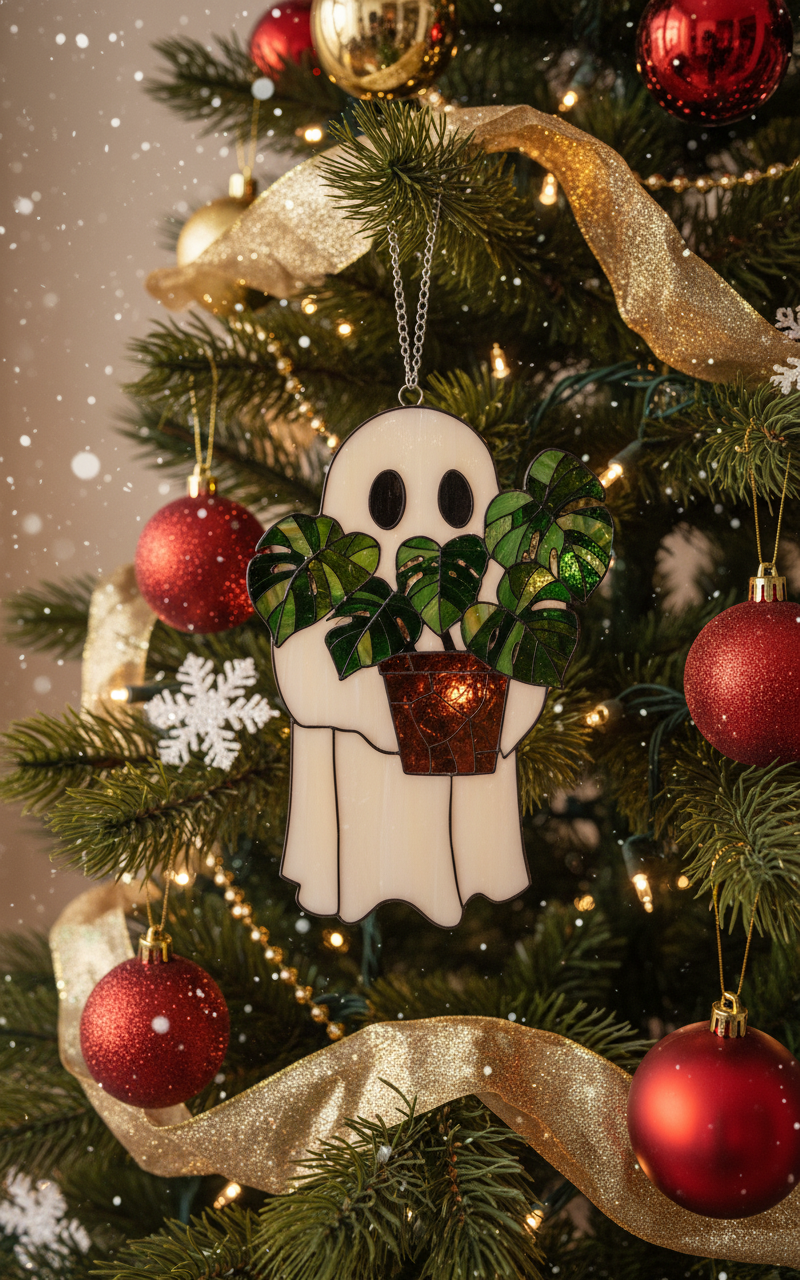[2D FLAT ACRYLIC] Cute Ghost Plant Halloween Ornament – Faux Stained Glass Suncatcher for Gothic Decor