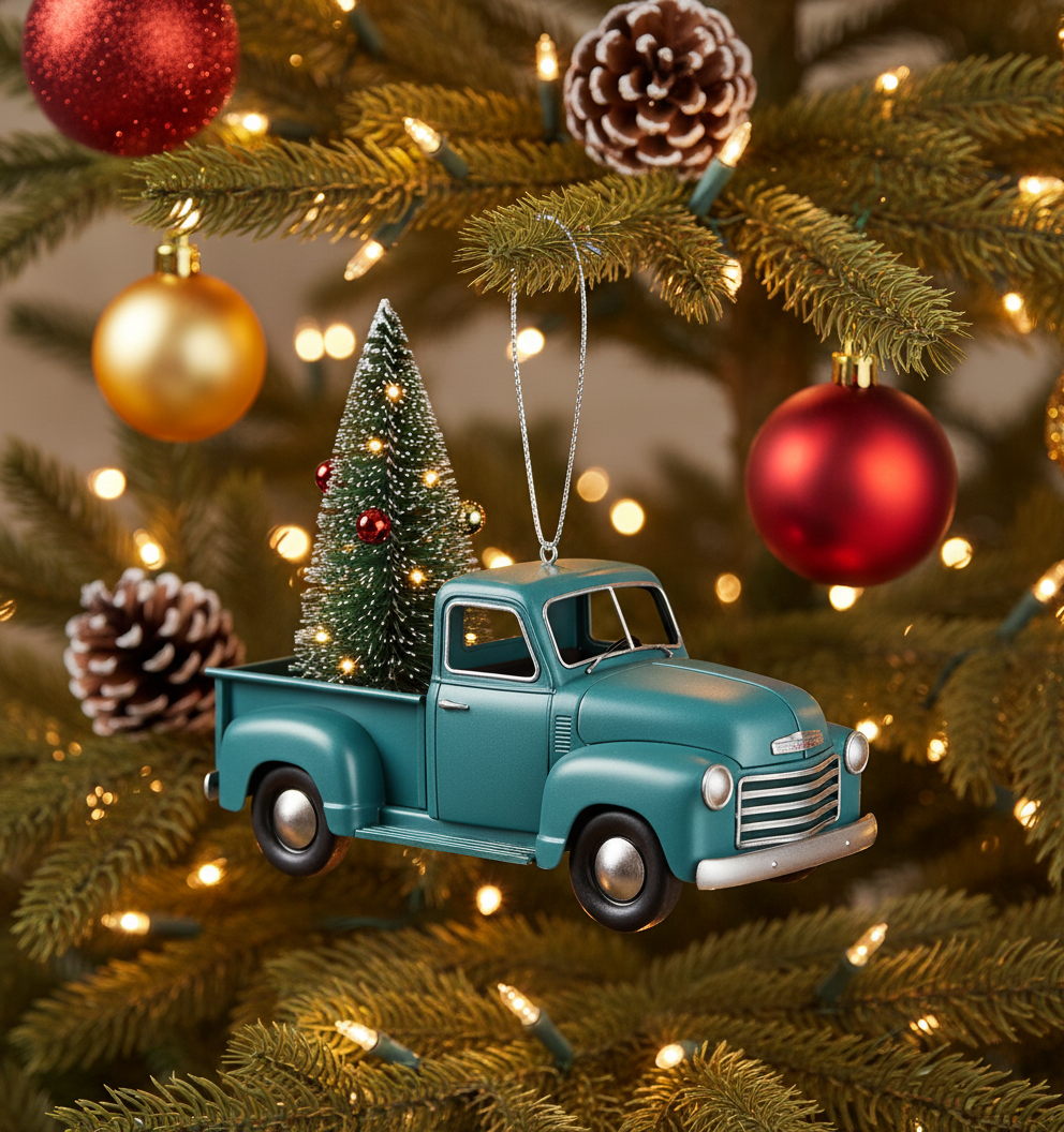 [2D FLAT ACRYLIC] Vintage Teal metallic Truck Christmas Ornaments (3-Pack) | Farmhouse Holiday Decor