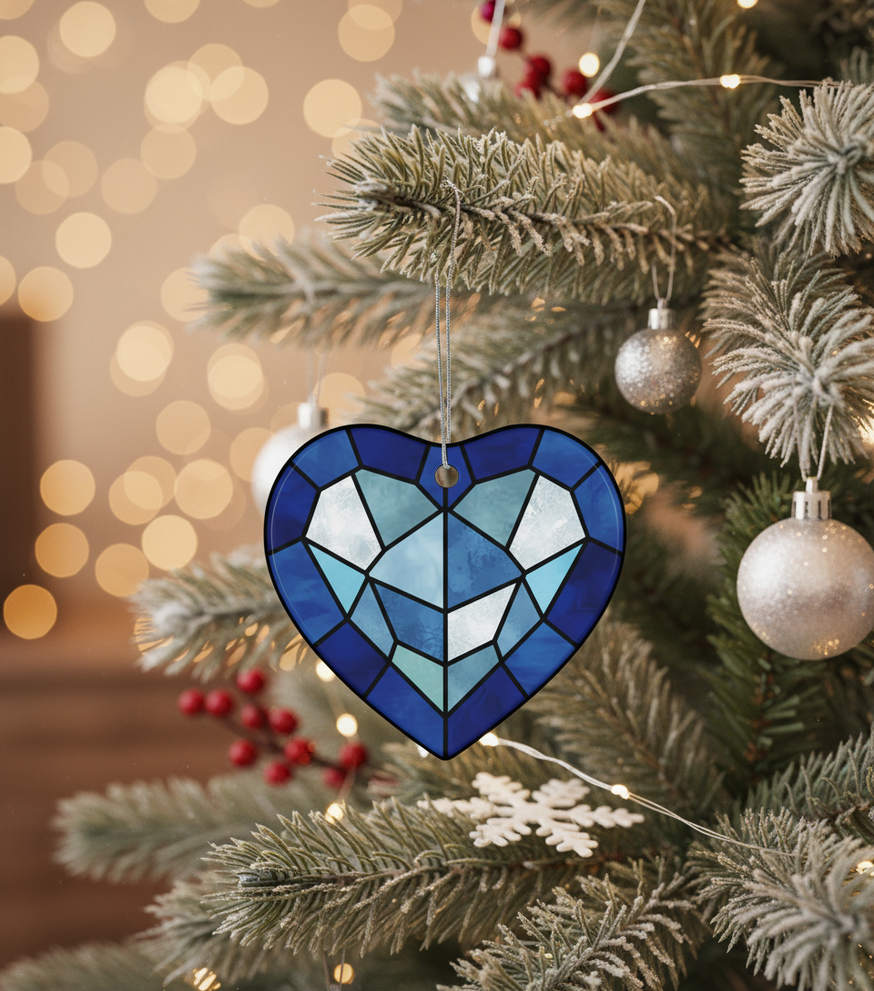 [2D FLAT ACRYLIC] Blue Heart Ceramic Ornament with Faux Stained Glass Style – Holiday Decor Gift