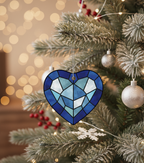 [2D FLAT ACRYLIC] Blue Heart Ceramic Ornament with Faux Stained Glass Style – Holiday Decor Gift
