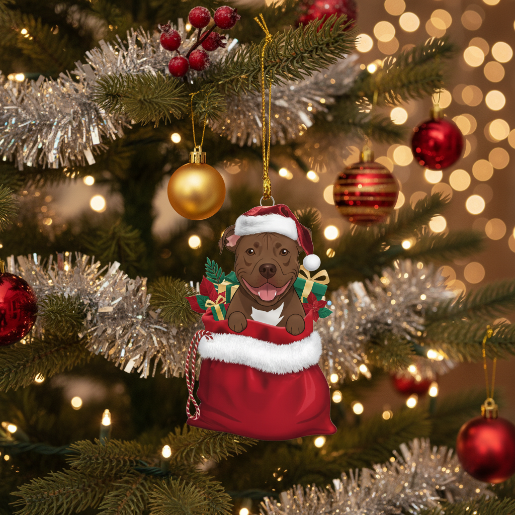 [2D FLAT ACRYLIC] Adorable Pit Bull Christmas Ornament | Dog in Santa Bag Hanging Keepsake | Gift for Pitbull Lovers