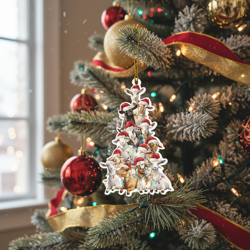[2D FLAT ACRYLIC] Charming Goat Tree Christmas Ornament 2025 – Rustic Farmhouse Animal Decor