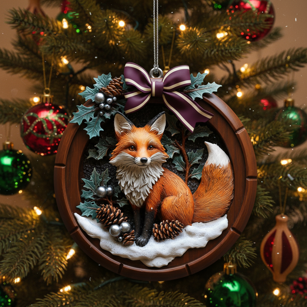 [2D FLAT ACRYLIC] Woodland Fox Christmas Ornament – Rustic or Acrylic Holiday Decor