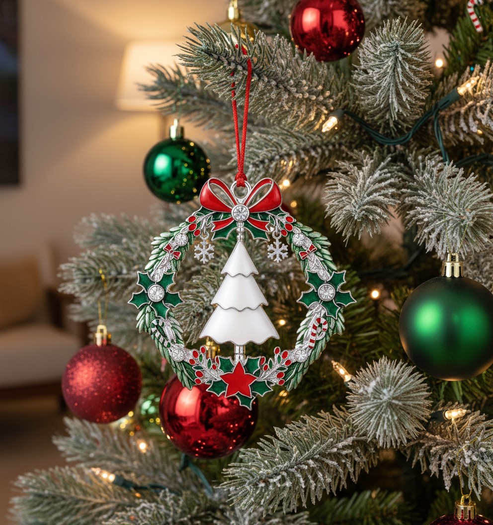 [2D FLAT ACRYLIC] 2025 Christmas Wreath Ornament with Rotating Tree – Dated Metal Holiday Keepsake
