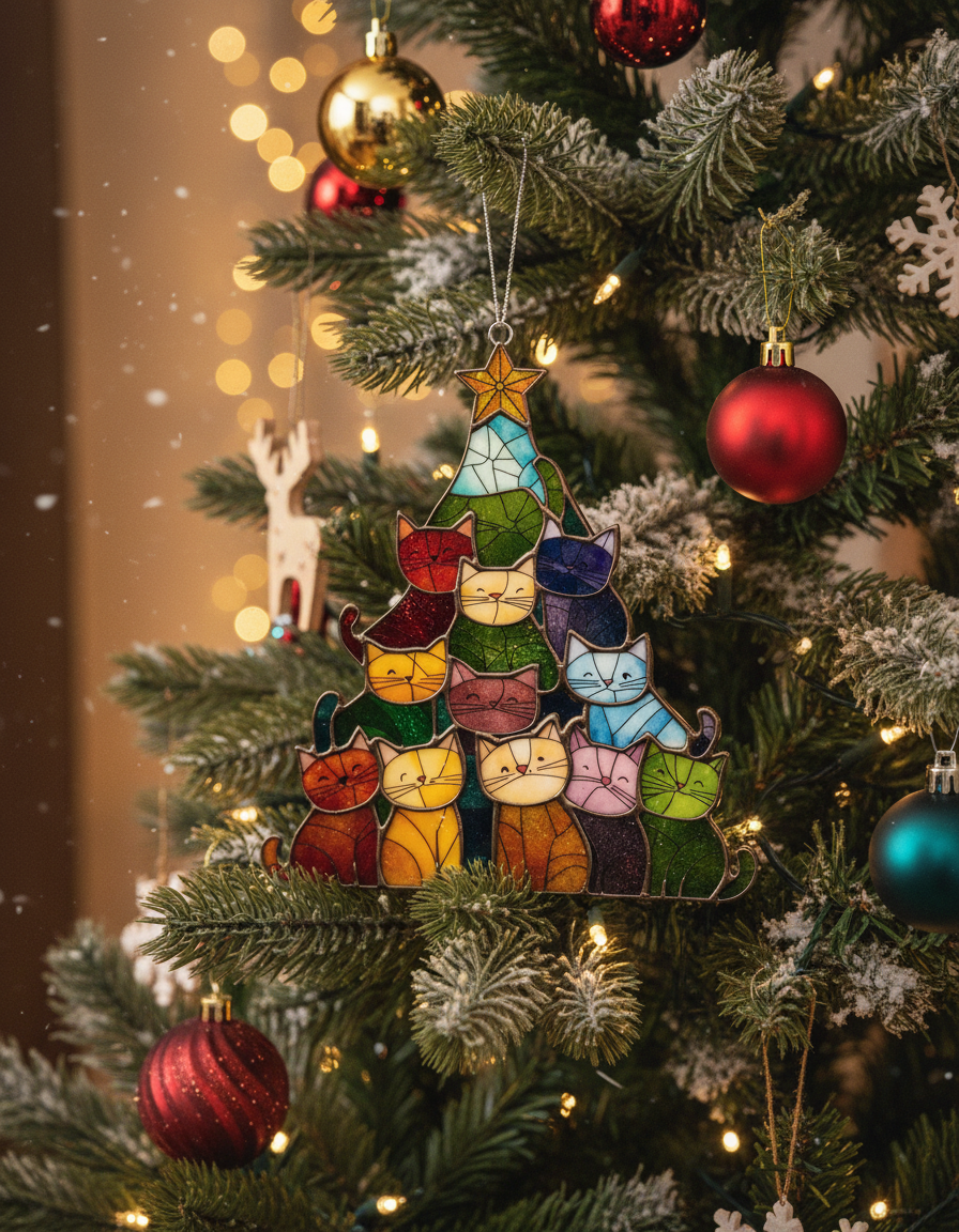 [2D FLAT ACRYLIC] Colorful Cat Christmas Tree Ornament – Holiday Gift for Cat Lovers