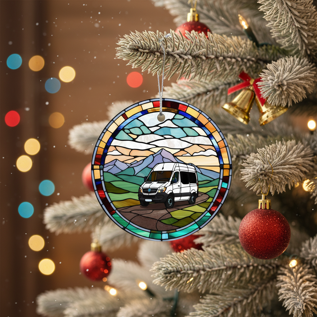 [2D FLAT ACRYLIC] Van Life Ceramic Ornament with Stained-Glass Style Sunset | Road Trip Traveler Gift