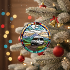 [2D FLAT ACRYLIC] Van Life Ceramic Ornament with Stained-Glass Style Sunset | Road Trip Traveler Gift