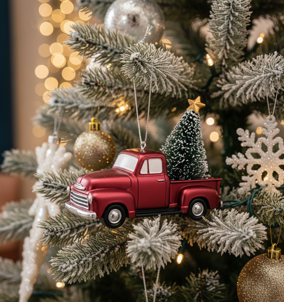 [2D FLAT ACRYLIC] Vintage Car & Red Truck Christmas Ornament | Classic Holiday Decor