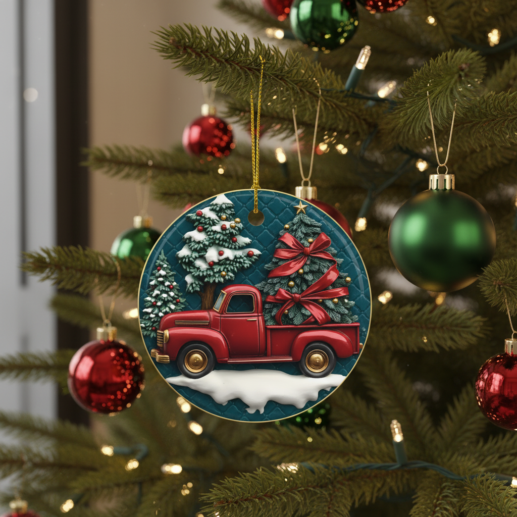 [2D FLAT ACRYLIC] Personalized Dump Truck Ornament with Santa Hat – Funny Custom Name Christmas Tree Decoration, Flat 2D Holiday Ornament Gift