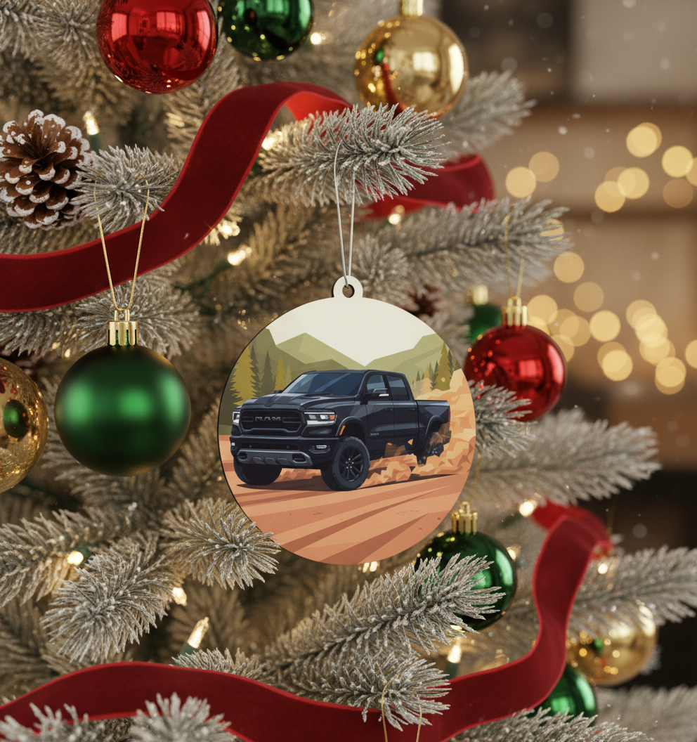 [2D FLAT ACRYLIC] Black Pick Up Truck Christmas Ornament | Off-Road Mountain Holiday Decor