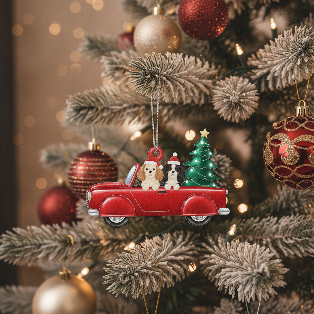 [2D FLAT ACRYLIC] Cavalier King Charles Spaniel Red Truck Christmas Ornament – Dog Lover Keepsake Gift