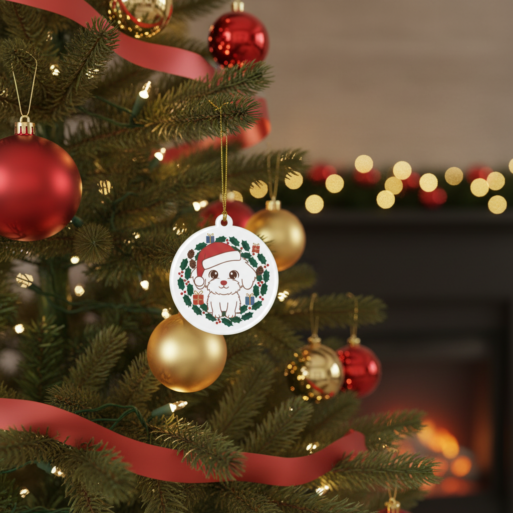 [2D FLAT ACRYLIC] Adorable Bichon Frise Ornament – Festive Holiday Keepsake Gift for Dog Lovers