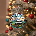 [2D FLAT ACRYLIC] Van Life Ceramic Ornament with Stained-Glass Style Sunset | Road Trip Traveler Gift