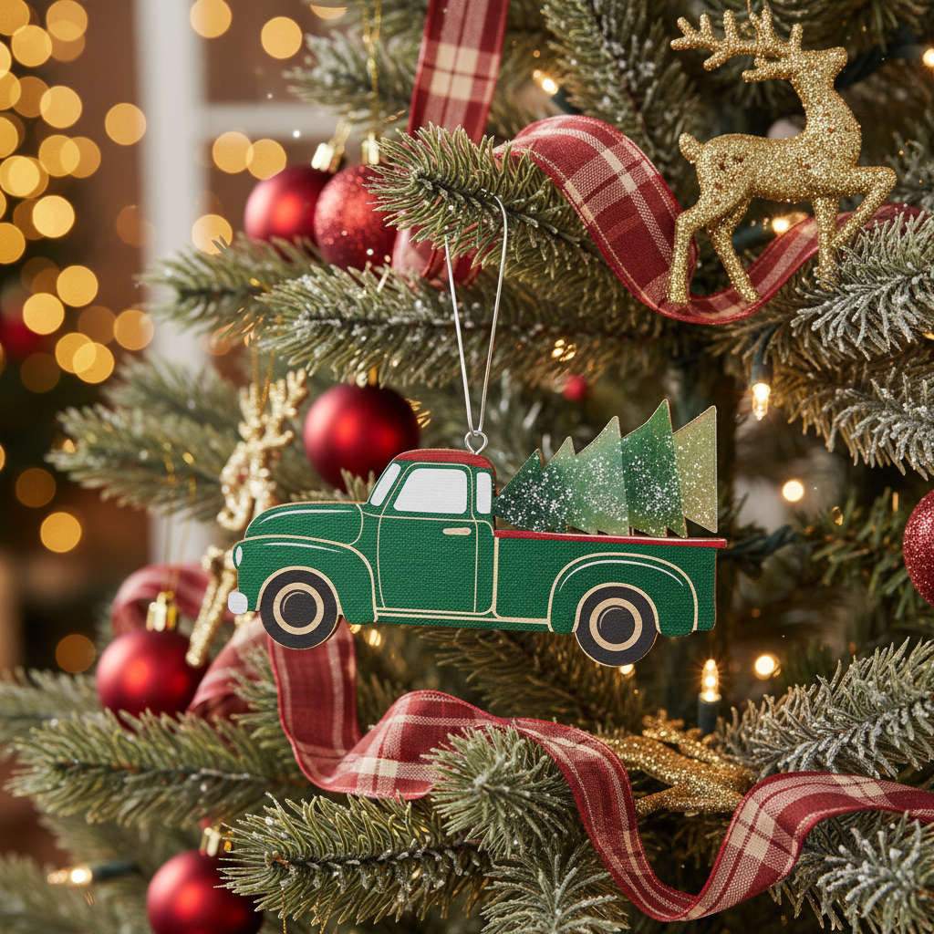 [2D FLAT ACRYLIC] Wooden Red Truck Christmas Ornament | Rustic Holiday Decor & Trucker Gift