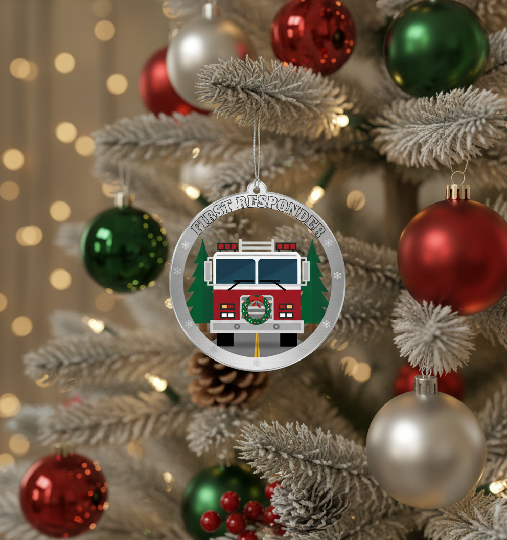 [2D FLAT ACRYLIC] Funny Fire Truck Ornament | Wooden Holiday Decor & Unique Trucker Gift