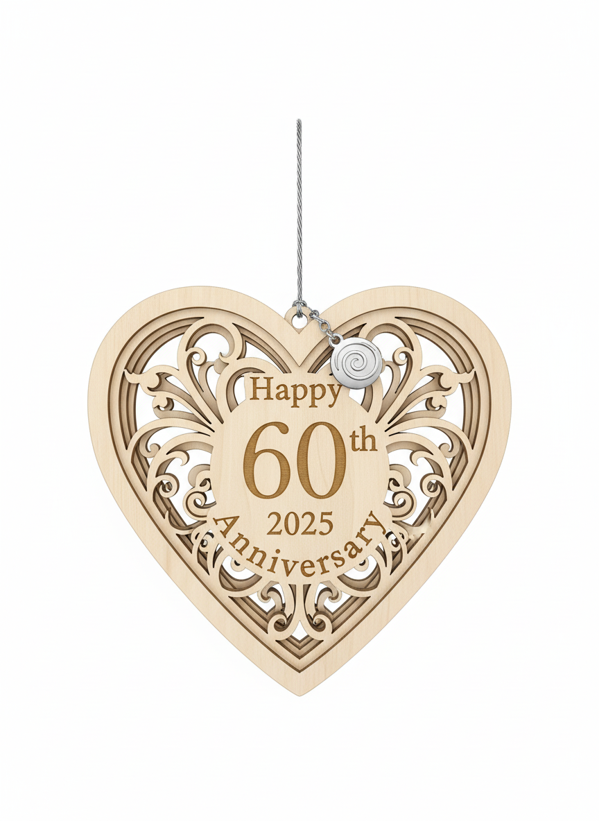 [2D FLAT ACRYLIC] 60th Anniversary Heart Ornament with 2025 Year Tag – Keepsake Gift for Couples
