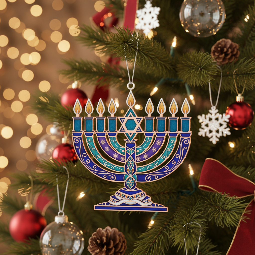 [2D FLAT ACRYLIC] Hanukkah Christmas Tree Ornament - Interfaith Blended Family Holiday Keepsake