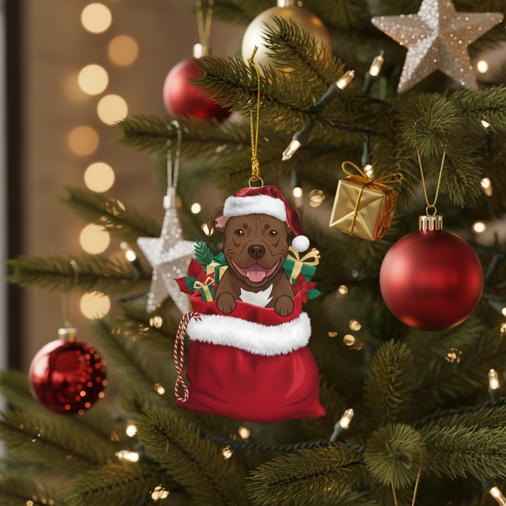 [2D FLAT ACRYLIC] Adorable Pit Bull Christmas Ornament | Dog in Santa Bag Hanging Keepsake | Gift for Pitbull Lovers