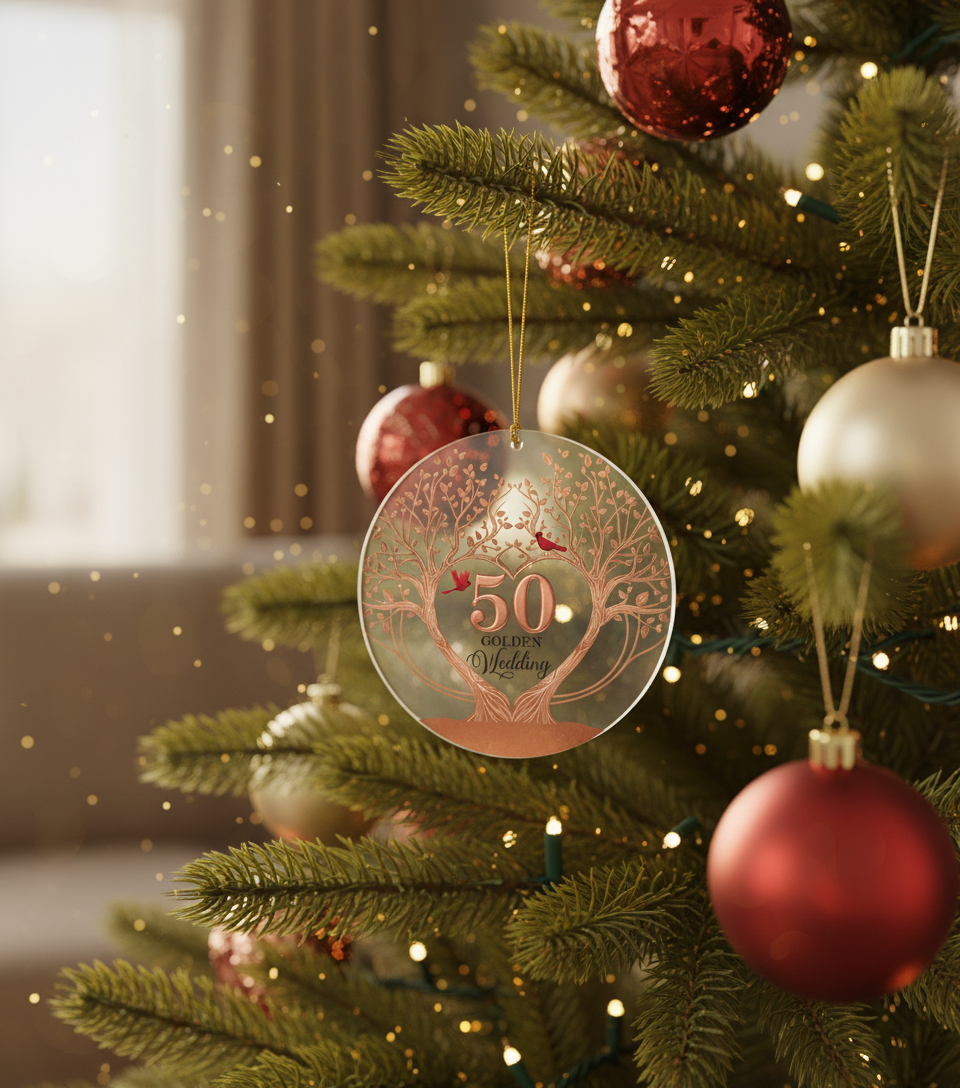 [2D FLAT ACRYLIC] 50th Golden Anniversary Ornament – Keepsake Wedding Gift for Parents & Couples