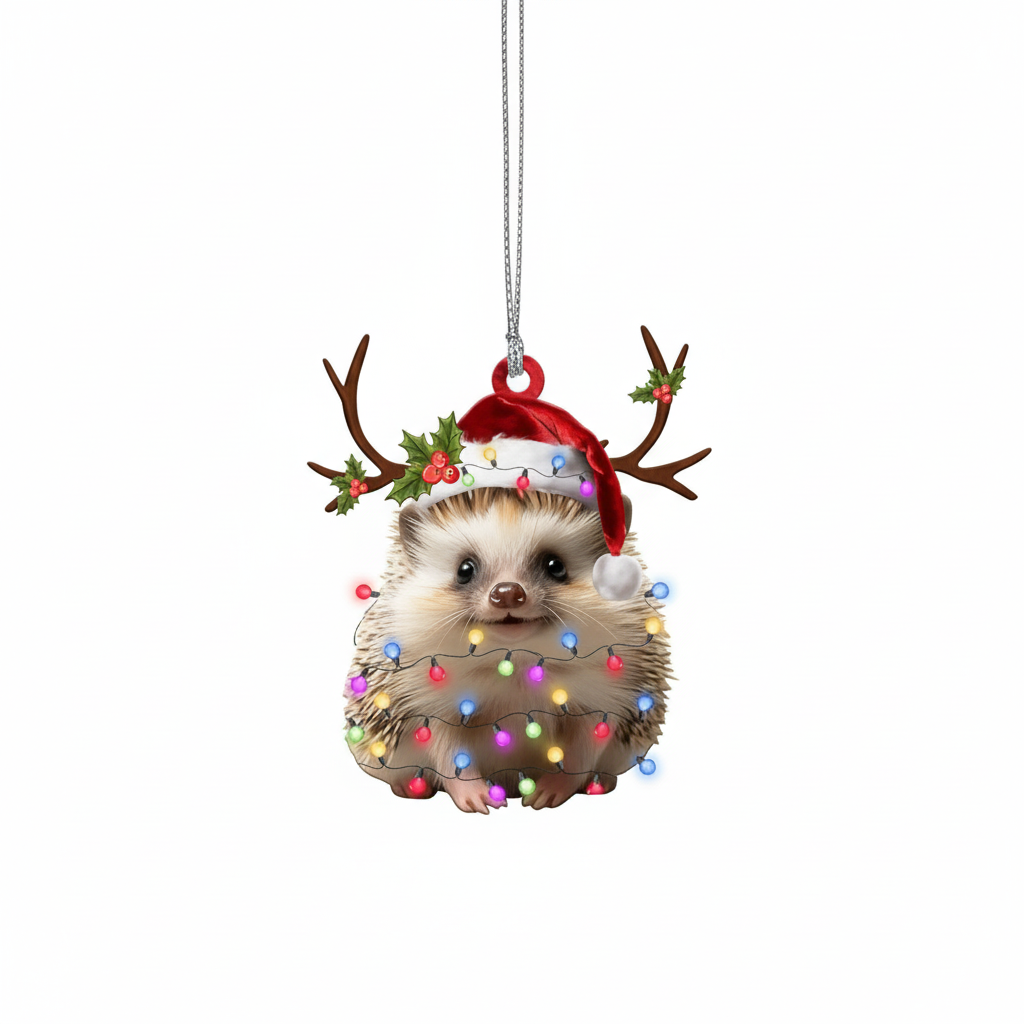 [2D FLAT ACRYLIC] Adorable Hedgehog Christmas Ornament – Festive Keepsake & Car Charm Gift