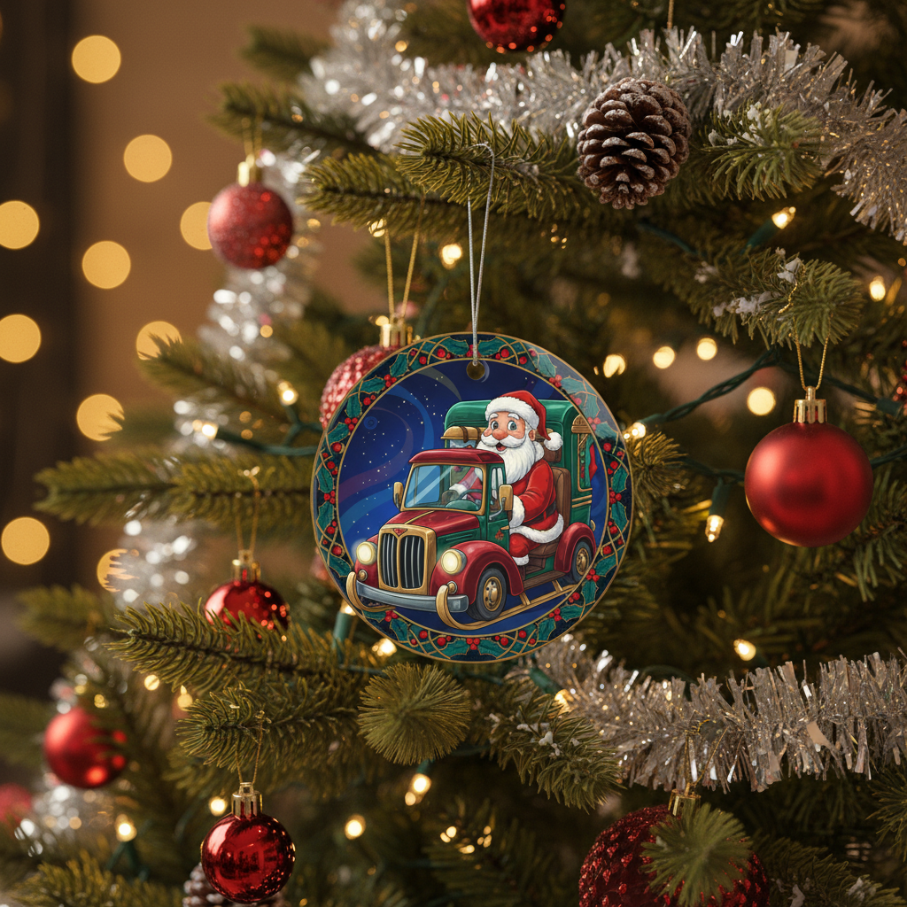 [2D FLAT ACRYLIC] Glass Santa Truck Driver Christmas Ornament | Unique Trucker Gift & Holiday Decor