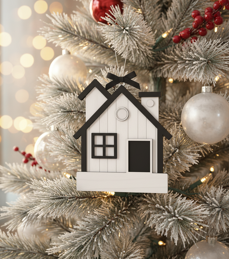 [2D FLAT ACRYLIC]  Modern Farmhouse New Home Ornament - Personalized Black & White Keepsake