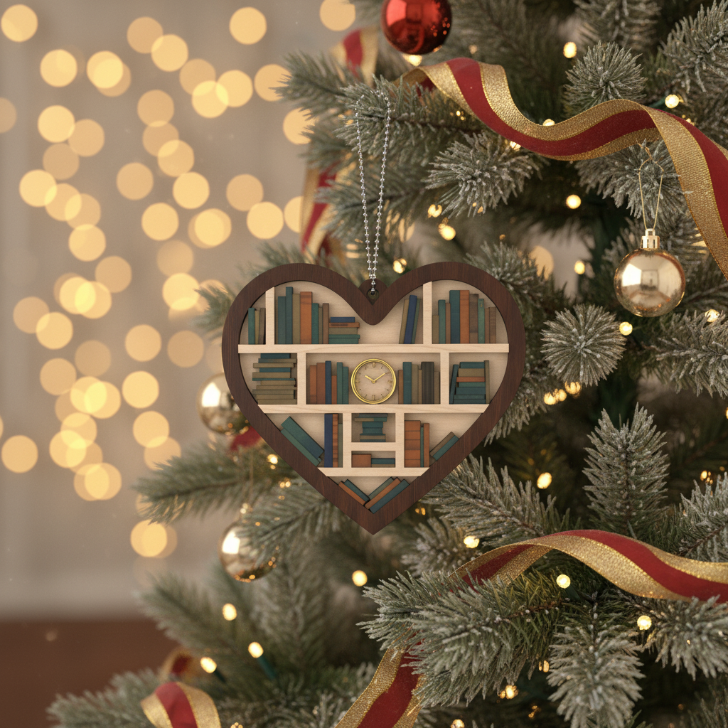 [2D FLAT ACRYLIC] Book Lovers Christmas Ornament – Bookshelf Heart Keepsake Gift